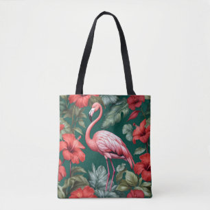 Elegant Flamingo Hibiscus Flowers Emerald Green Tote Bag