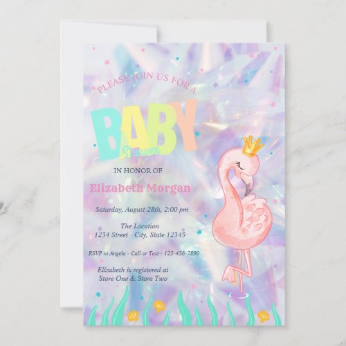 Elegant Flamingo Holographic Baby Shower Invitation