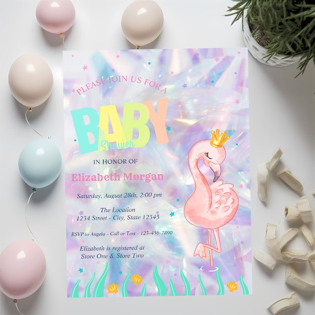 Elegant Flamingo Holographic Baby Shower Invitation (Creator Uploaded)