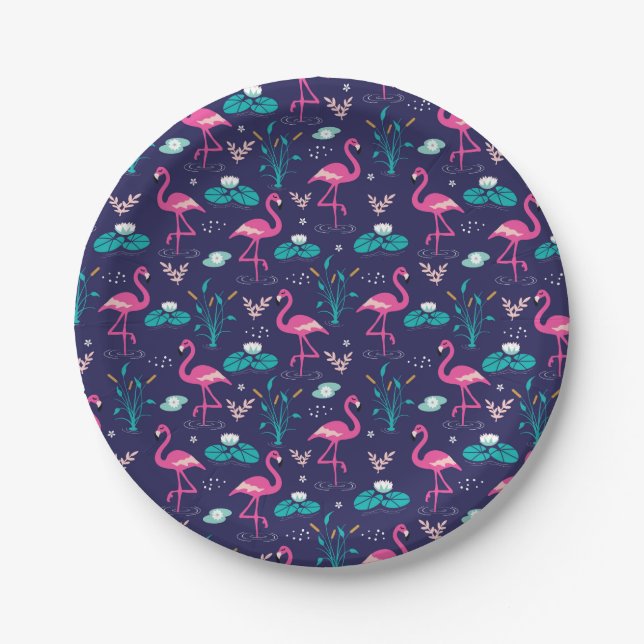 Elegant Flamingos and Lilypads Pattern on Navy Paper Plates (Front)