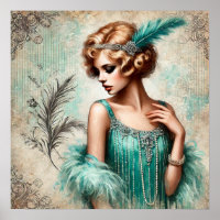 Elegant Flapper Lady in a Turquois Dress, 1920's