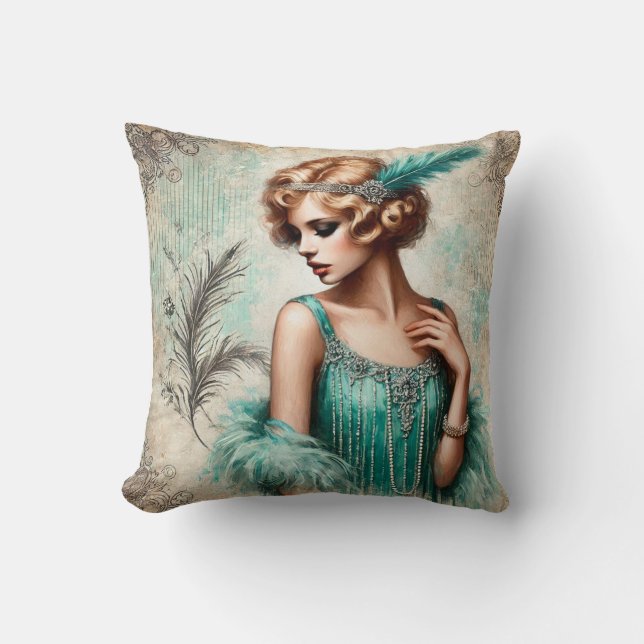 Elegant Flapper Lady in a Turquois Dress, 1920's Throw Pillow (Front)