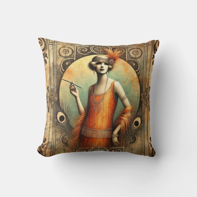 Elegant Flapper Lady in an Orange Dress, Art Deco Throw Pillow (Front)
