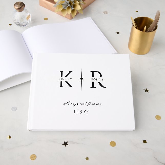 Elegant Flare Two Initial Monogram Wedding Guest Book (Front Open)