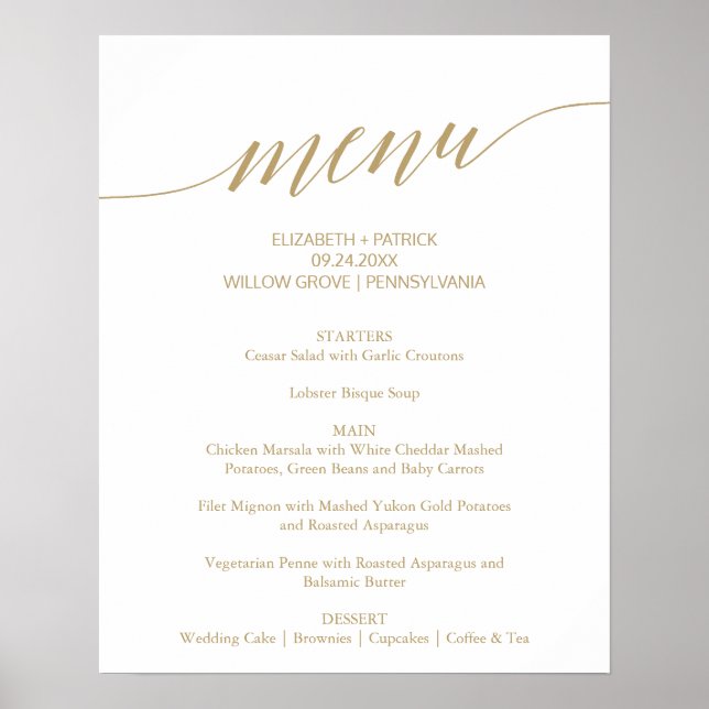 Elegant Flat Gold Calligraphy Wedding Menu Sign (Front)