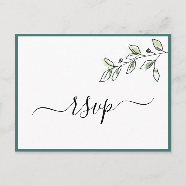 Elegant Flat Modern Botanical Green RSVP Invitation Postcard (Front)