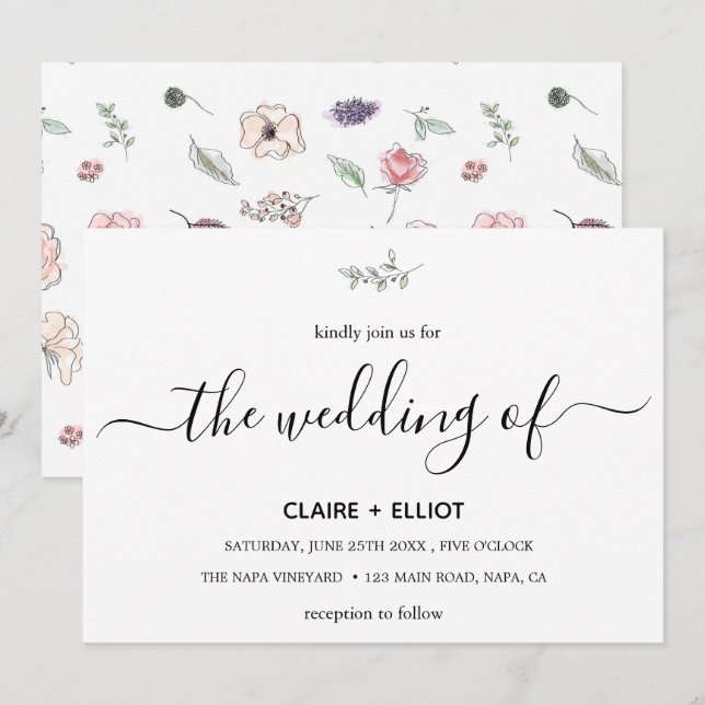 Elegant Flat Modern Botanical Green Twig Wedding Invitation (Front/Back)