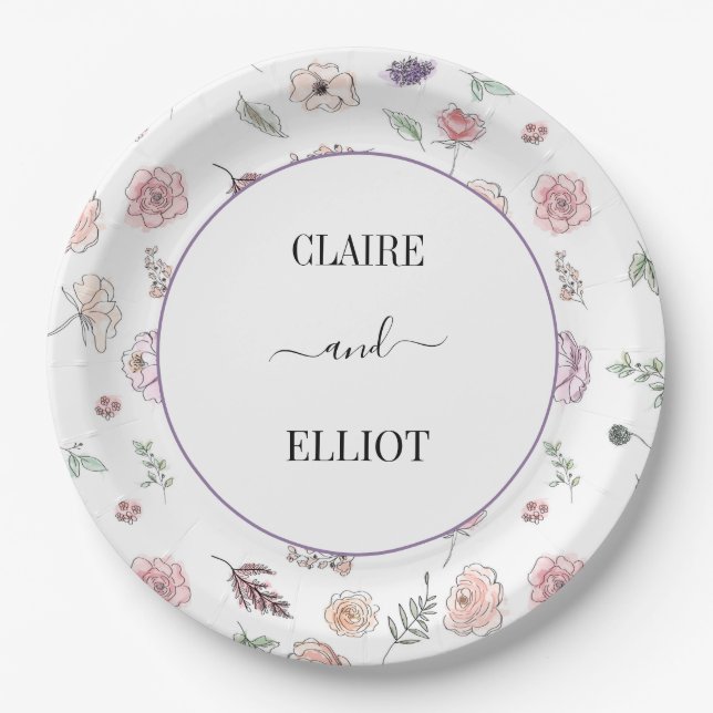 Elegant Flat Modern Botanical Green Wedding Paper Plates (Front)