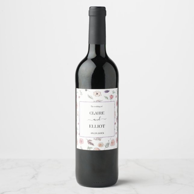 Elegant Flat Modern Botanical Green Wedding Wine Label (Front)