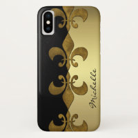 Elegant Fleur-de-lis black golden custom monogram iPhone X Case