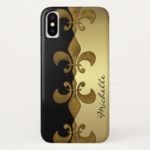 Elegant Fleur_de_lis black golden custom monogram iPhone X Case