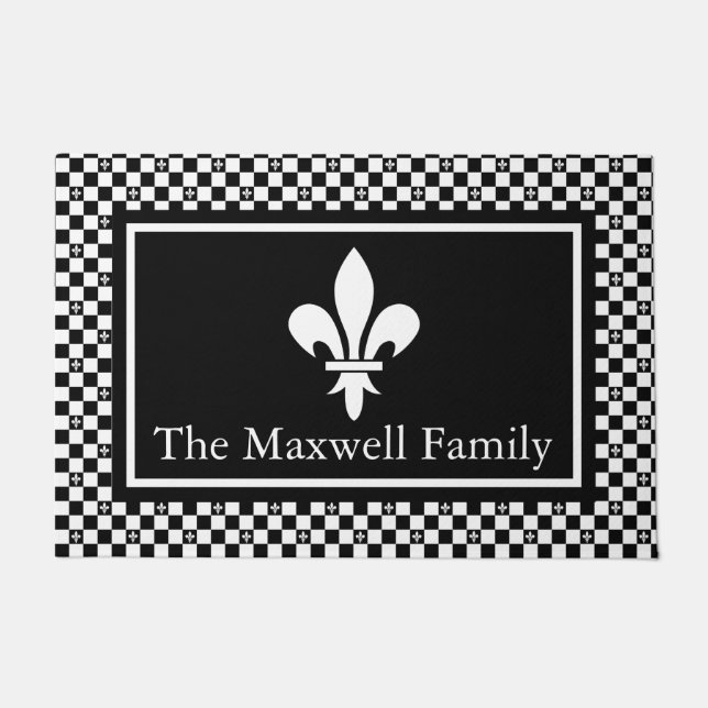 Elegant Fleur de Lis Black & White Checkered Name Doormat (Front)