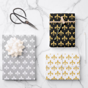 Elegant Fleur de Lis on Black Gray & White Wrapping Paper Sheets