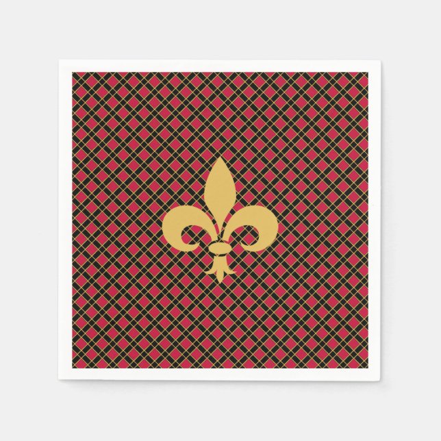 Elegant Fleur-de-lis or Lily Flower on Black & Red Napkins (Front)