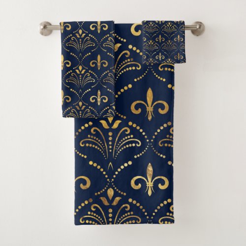 Elegant Fleur_de_lis pattern _ Gold and deep blue Bath Towel Set
