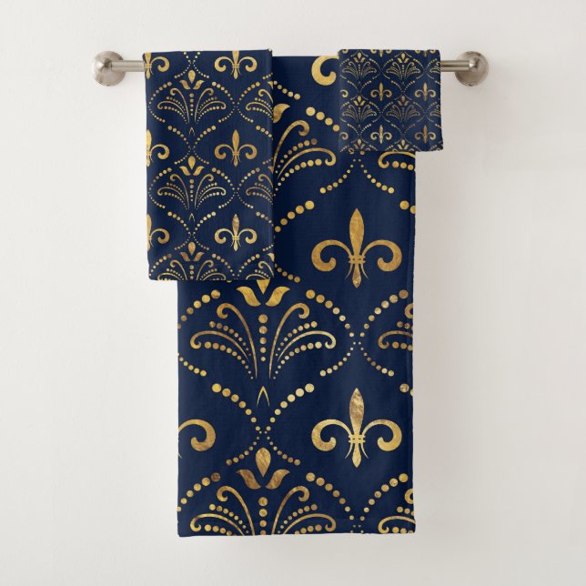 Elegant Fleur-de-lis pattern - Gold and deep blue Bath Towel Set (Insitu)