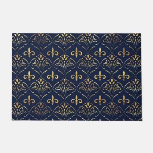 Elegant Fleur_de_lis pattern _ Gold and deep blue Doormat