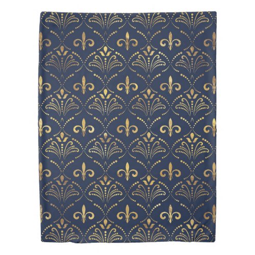 Elegant Fleur_de_lis pattern _ Gold and deep blue Duvet Cover