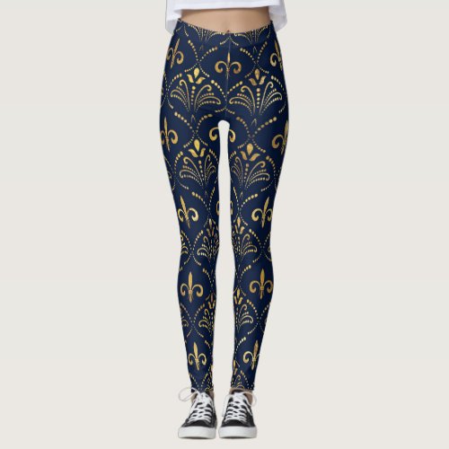 Elegant Fleur_de_lis pattern _ Gold and deep blue Leggings