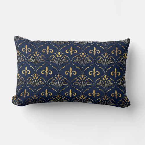 Elegant Fleur_de_lis pattern _ Gold and deep blue Lumbar Pillow