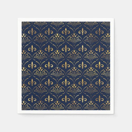Elegant Fleur_de_lis pattern _ Gold and deep blue Napkins