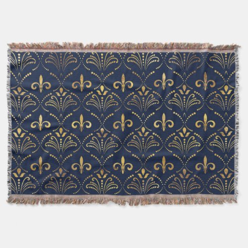 Elegant Fleur_de_lis pattern _ Gold and deep blue Throw Blanket