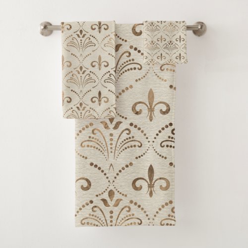 Elegant Fleur_de_lis pattern _ pastel gold Bath Towel Set