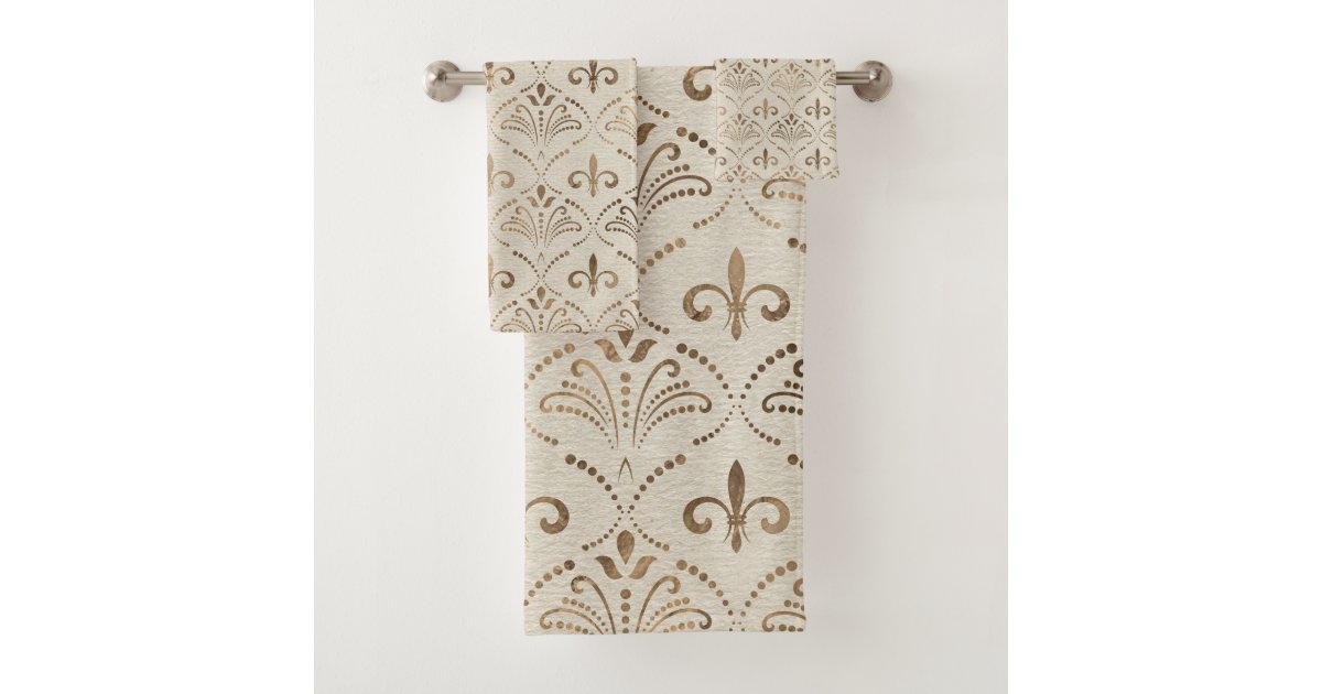 Elegant Fleurdelis pattern pastel gold Bath Towel Set
