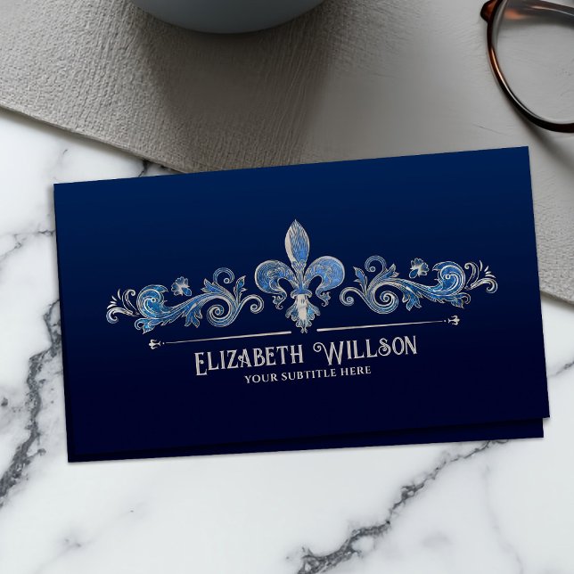 Elegant Fleur-de-lis Pearl and Blue marble Business Card (Creator Uploaded)
