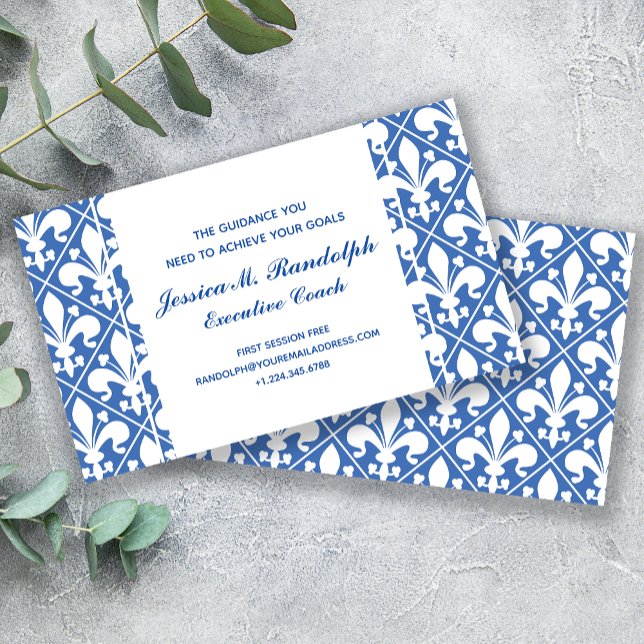 Elegant Fleur de Lys Executive Blue and White Business Card (Creator Uploaded)
