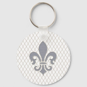 Elegant Fleur de Lys in Grey and White Keychain