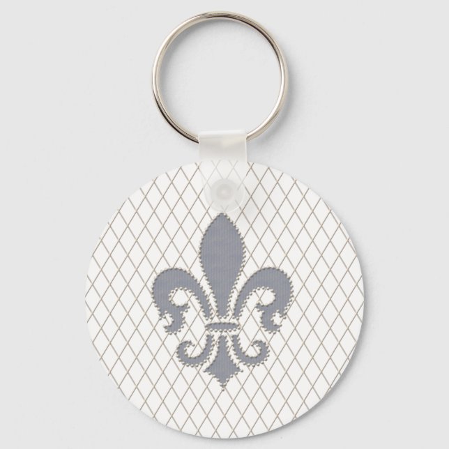 Elegant Fleur de Lys in Grey and White Keychain (Front)