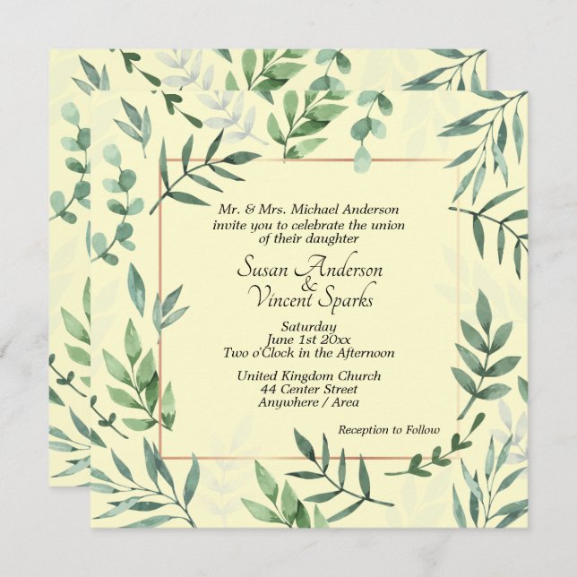 Elegant Flora and Fauna Frame Yellow Wedding Invitation (Front/Back)