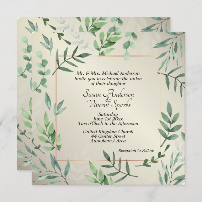 Elegant Flora and Fauna Touch of Gold Wedding Invitation (Front/Back)