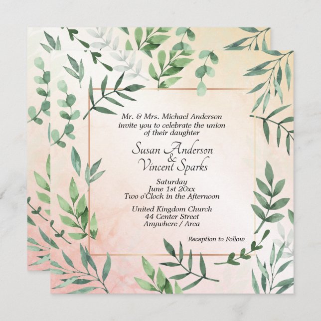 Elegant Flora and Fauna Touch of Peach Wedding Invitation (Front/Back)