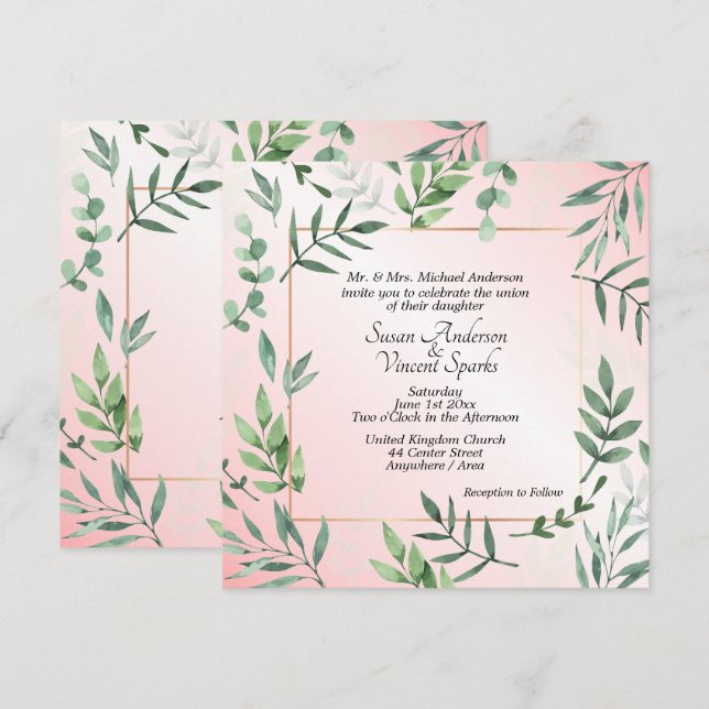 Elegant Flora and Fauna Touch of Pink Wedding Invitation (Front/Back)