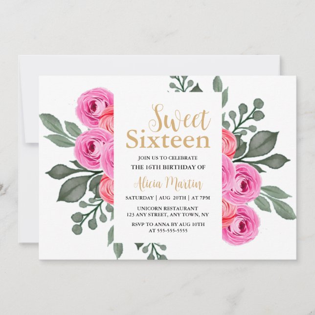 Elegant Flora Dusty Pink Rose Gold Sweet 16 Invitation (Front)