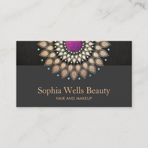 Gold Foil and Purple Black Linen Look Cosmetology Business Card