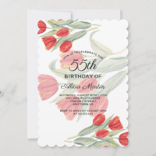 Elegant Flora Spring Red Tulip 55th Birthday Invitation