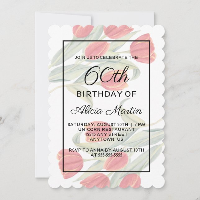  Elegant Flora Spring Red Tulip 60th Birthday Invitation (Front)