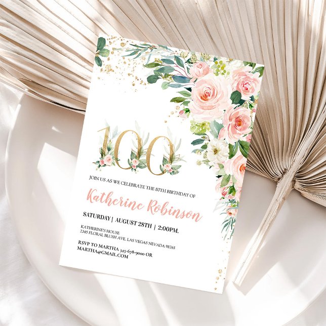 Elegant Floral 100th Birthday Invite for Her (Creator Uploaded)