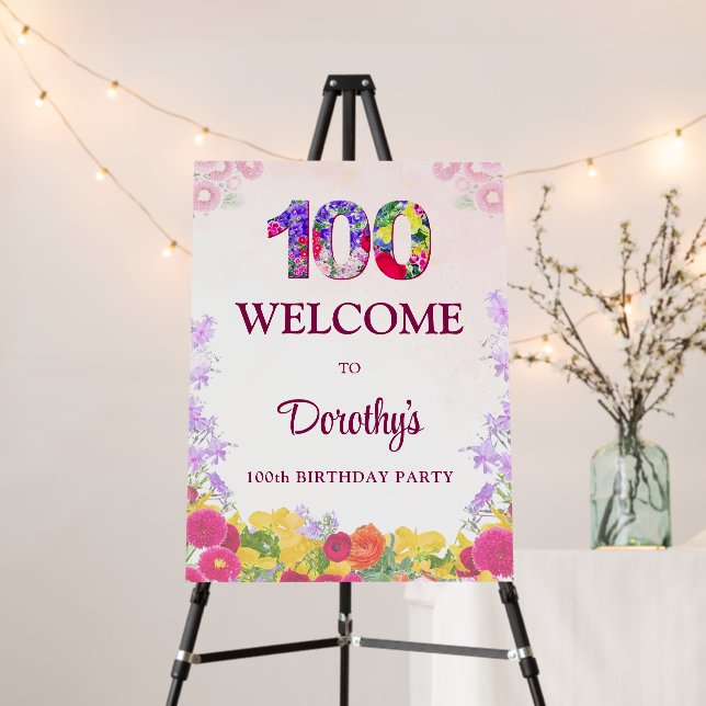 Elegant Floral 100th Birthday Party / 100 Years Foam Board (In Situ (Stand))