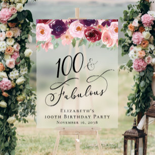 Elegant Floral 100th Birthday Party Frosted Acrylic Sign