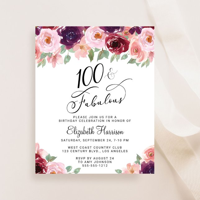 Elegant Floral 100th Birthday Party Invitation (100 & Fabulous: Toast to a Life Well Celebrated!)
