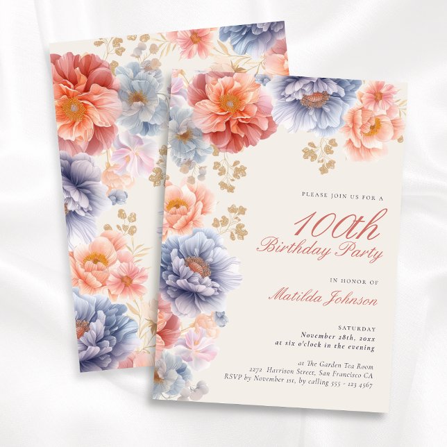 Elegant Floral 100th Birthday Party Invitation (Elegant Floral 100th Birthday Party Invitation)