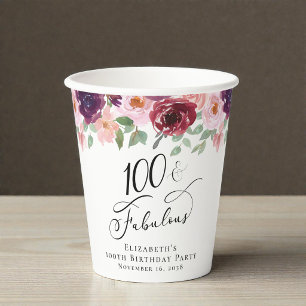 Elegant Floral 100th Birthday Party Paper Cups