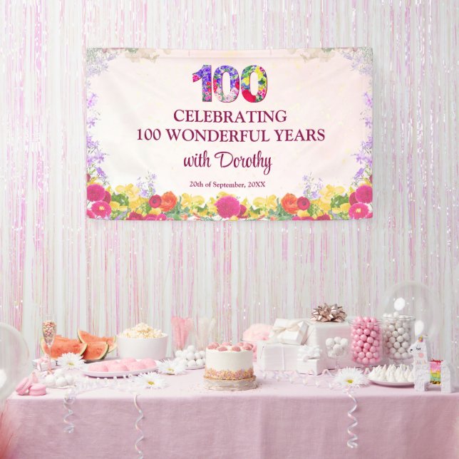 Elegant Floral 100th Birthday Party / Pastel 100 Banner (Party)