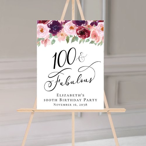Elegant Floral 100th Birthday Party Welcome Acrylic Sign