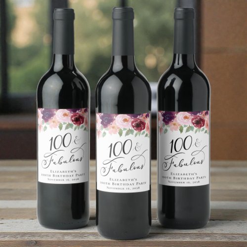 Elegant Floral 100th Birthday Party Wine Label