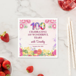 Elegant Floral 100th Birthday / Pastel 100 Years Napkins